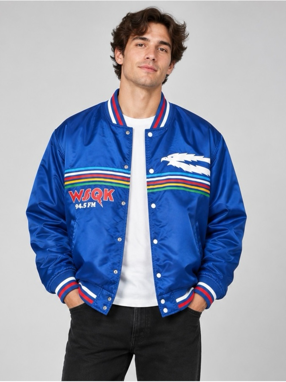 Blue Satin Varsity Jacket with WSQK Radio Crest